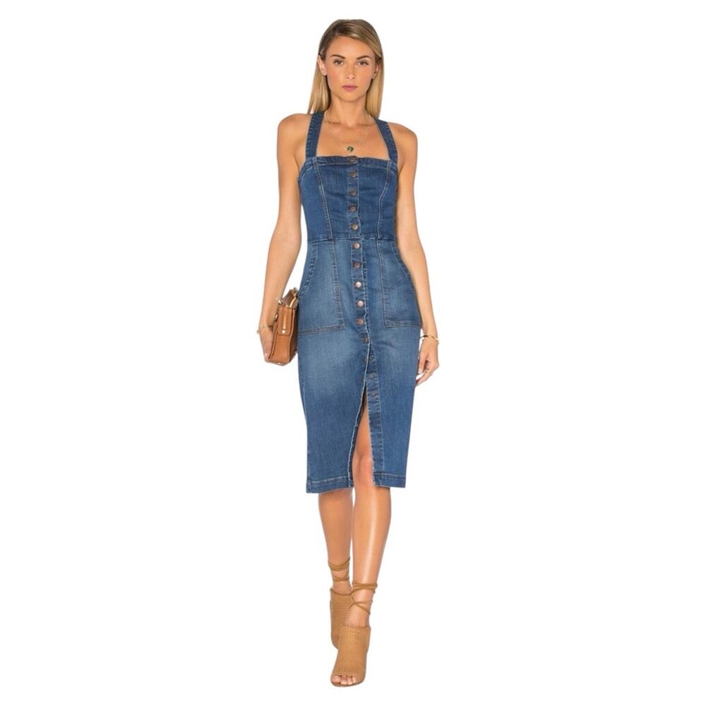 Level 99 Claire Denim Overall Snap Dress Light Blue Size Large Stretch - Picture 2 of 8